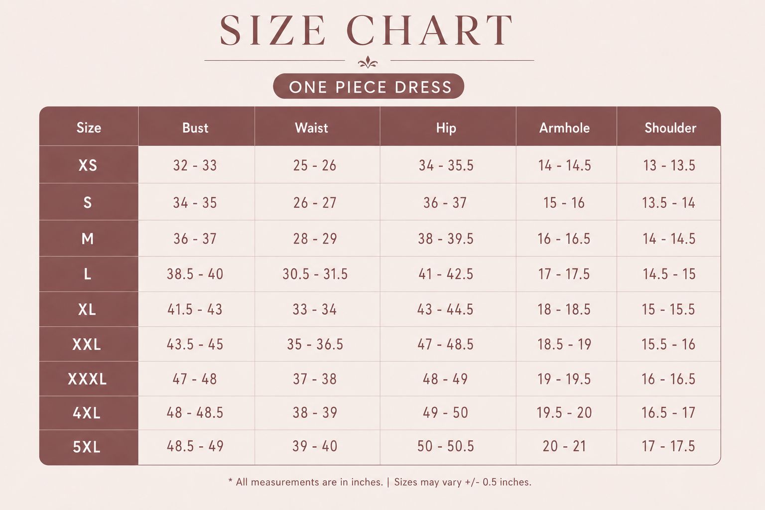 Size chart for one-piece dresses with measurements in inches.