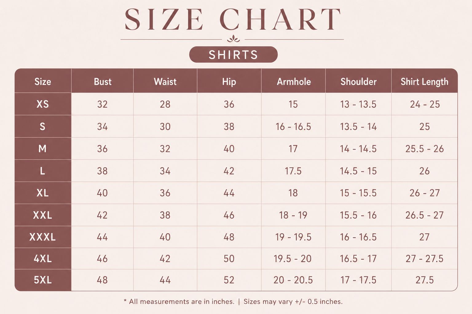 Size chart for shirts with measurements in inches